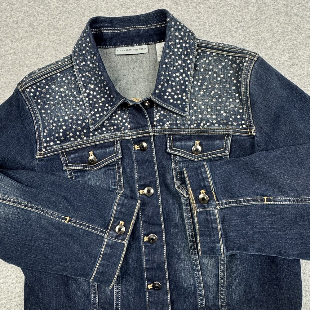 Chico's Platinum Denim Jean Jacket Size 1 (US M/8) Rhinestones Festival Western